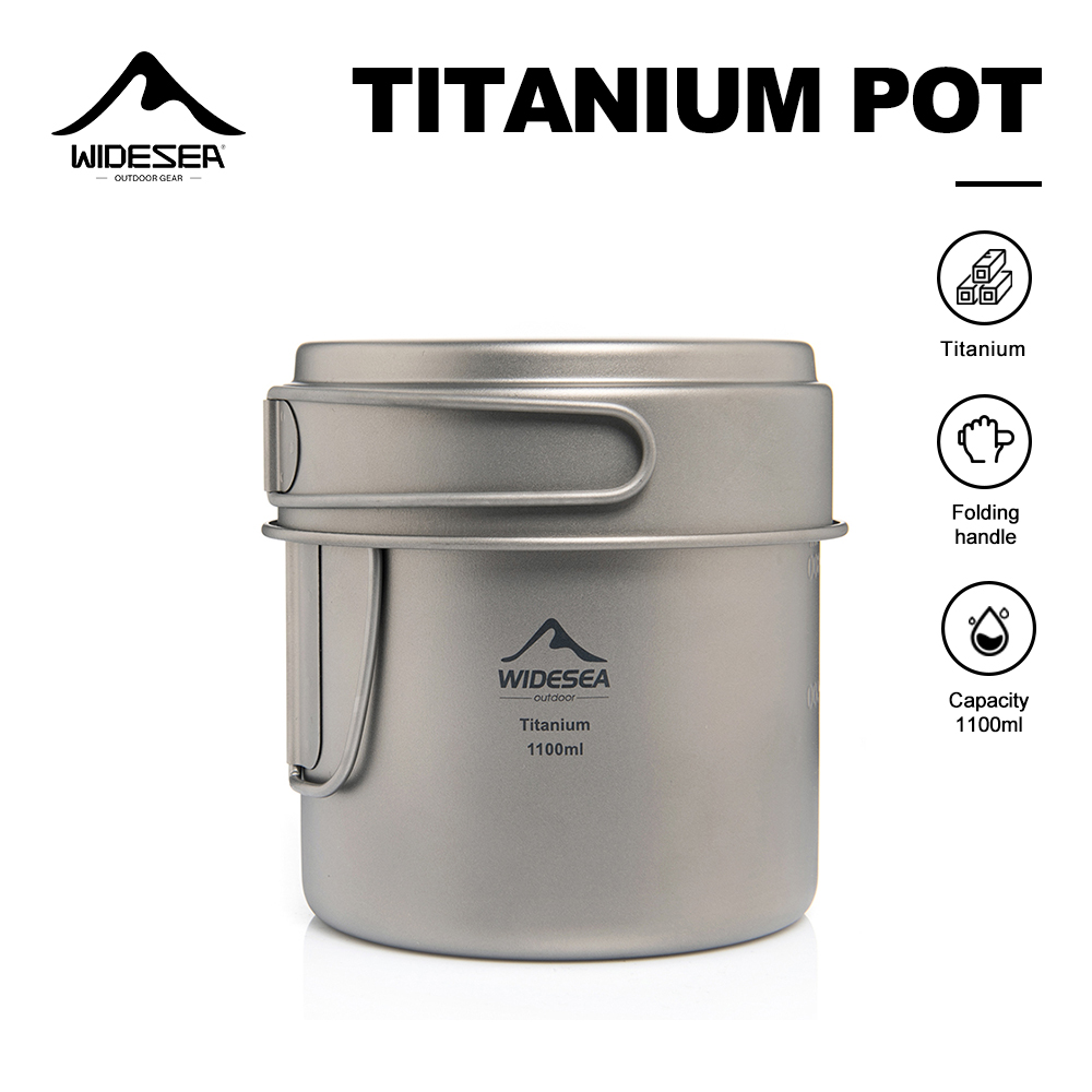 Camping Cooking Gear - Widesea 超軽量チタンキャンプポット 1100ml 折りたたみハンドル ポータブルアウトドア調理器具 メッシュバッグ付き
