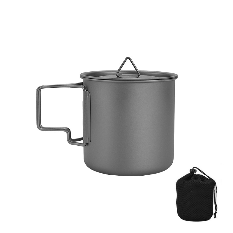 Camping Cooking Set Lightweight - チタン製キャンプマグ 折りたたみハンドル付き 軽量ポータブルアウトドアカップ クッキングセット ハイキング旅行用調理器具