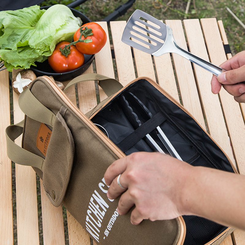 Camping Cooking Gear - 8 個キャンプキッチン調理器具セットポータブルバッグアウトドア旅行用品収納バッグステンレス鋼調理セットバーベキューピクニック用