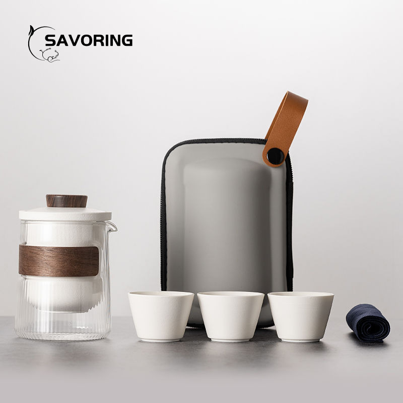 Camping Cooking Gear - シンプルな中国製陶磁器茶器セット、ポット1個、カップ3個、バッグ付き、旅行用茶器セット、キャンプ用磁器茶碗、茶道用蓋碗カップツール