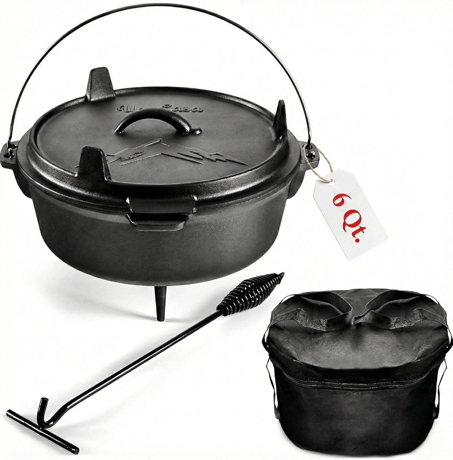 Camp Dutch Oven Cast - プレシーズン加工済みの鋳鉄製キャンプ用ダッチオーブン（6クォート）、蓋リフターと収納バッグ付き - シチュー、ベーキング、その他用途に最適な耐久性のあるキャンプファイヤーポット