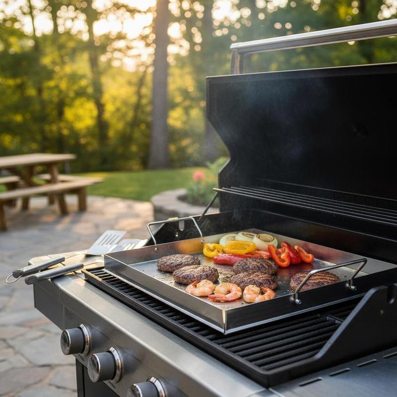 Camping Outdoor Cooking Equipment - ユニバーサルフラットトップグリドル 18x16インチ キャンプ、テールゲーティングパーティー用、長方形ホットプレート ファミリー調理器具 内蔵ハンドル ガスグリルアタッチメント