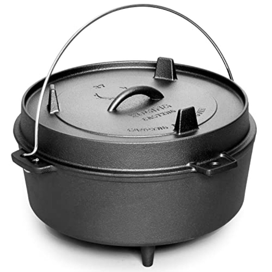 Camp Dutch Oven Cast - プレシーズン加工済みの鋳鉄製ダッチオーブン、スキレット蓋付き、屋外キャンプ用深鍋、キャンプファイヤーでの調理、バーベキュー、ベーキング、焚き火に最適