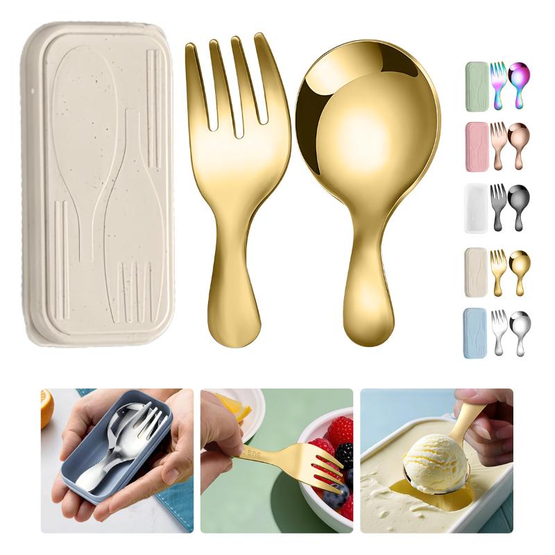 Camping With Cooking - ステンレス鋼食器セットスプーンフォーク 2Pc ポータブルボックス付きアウトドアキャンプカトラリーランチハイキングキャンプ調理旅行食器