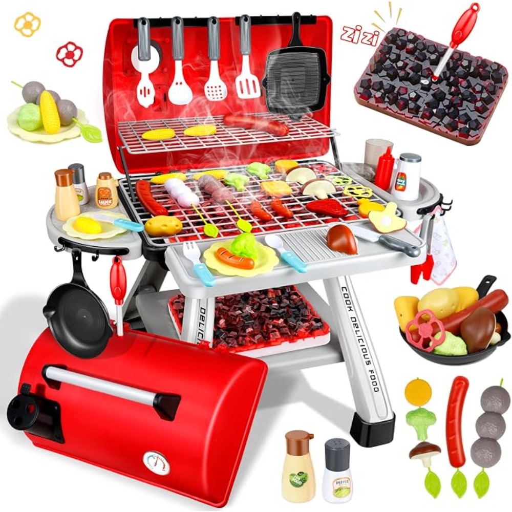 Camping Cooking Kids - バーベキューグリルおもちゃセット子供用バーベキューごっこ遊びキッチンプレイセット煙音ライトシミュレーションキャンプ調理食品おもちゃギフト