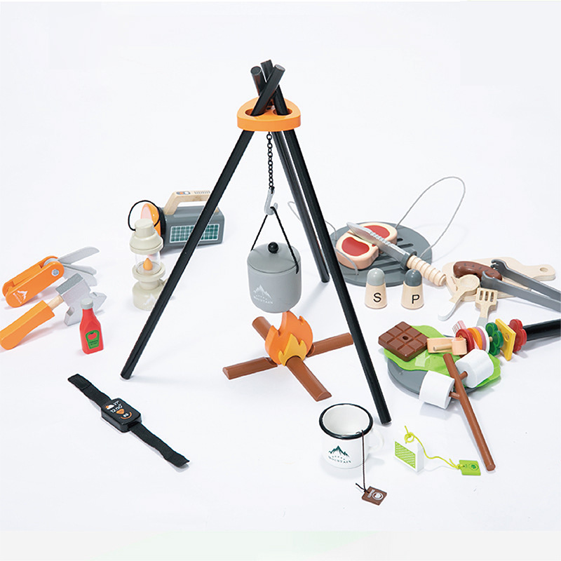 Camping Cooking Kids - 子供向け教育玩具 面白いBBQ木製キッチンごっこ遊びセット 安全な焚き火ピクニックおもちゃ 料理の学習用
