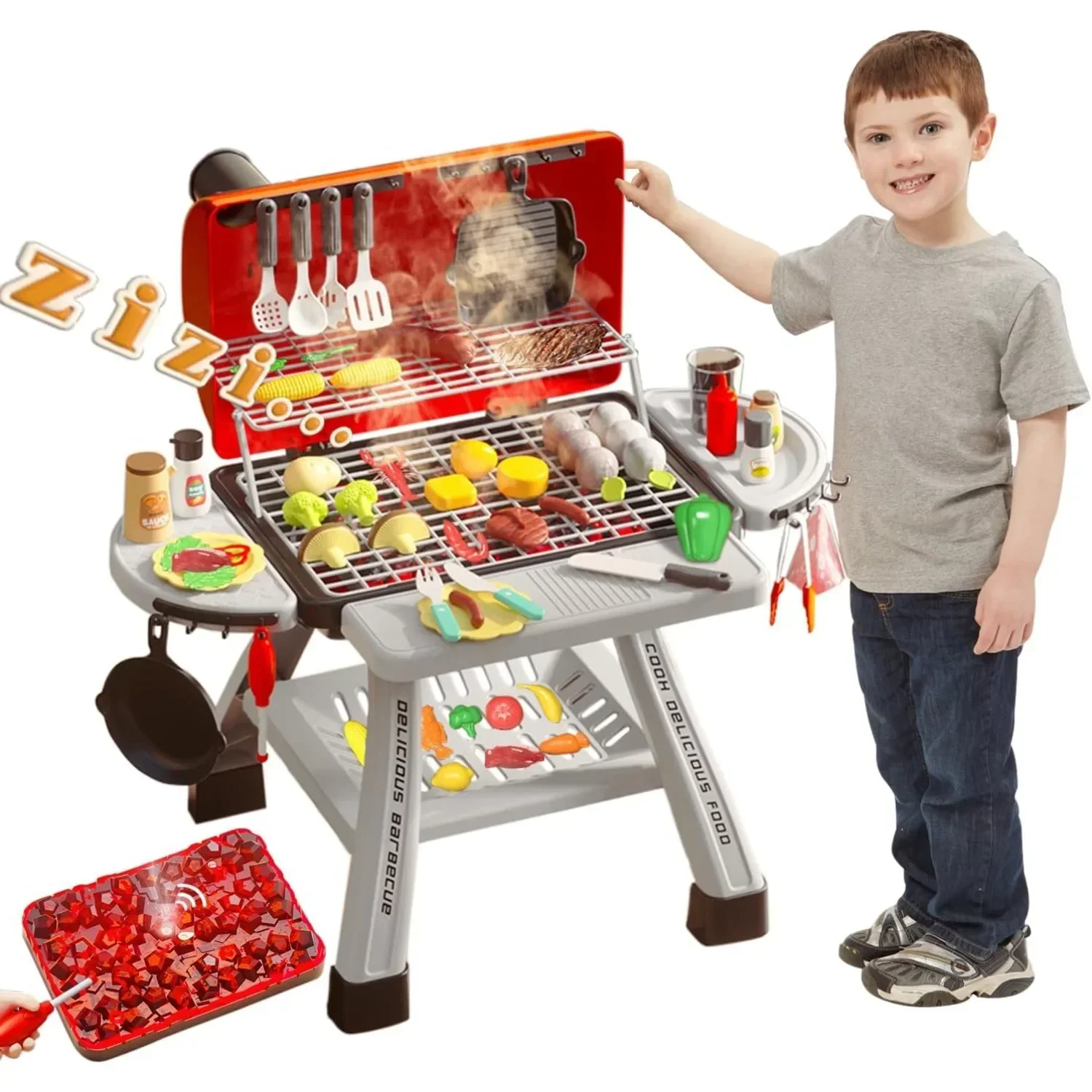 Camping Cooking Kids - バーベキューグリルおもちゃセット子供用バーベキューごっこ遊びキッチンプレイセット煙音ライトシミュレーションキャンプ調理食品おもちゃギフト