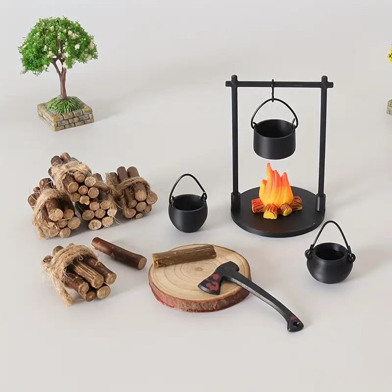 Camping Cooking Gear - ミニ焚き火吊り下げストーブポットドールハウスキャンプピクニック薪山砂テーブルマイクロ風景シーン装飾オーナメントおもちゃ