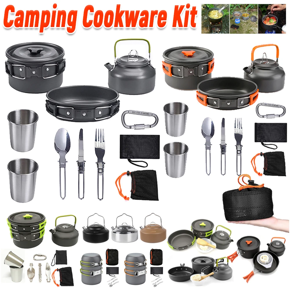 Camping Cooking Set Lightweight - キャンプ調理器具キット ケトル ポット パン クックセット ポータブル