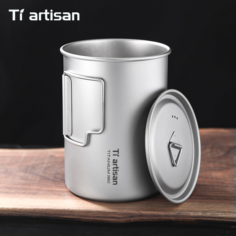 Camping Cooking Set Lightweight - Tiartisan 750ml/900ml チタン製折りたたみハンドル付きキャンプマグ 大容量水筒 蓋付き アウトドア