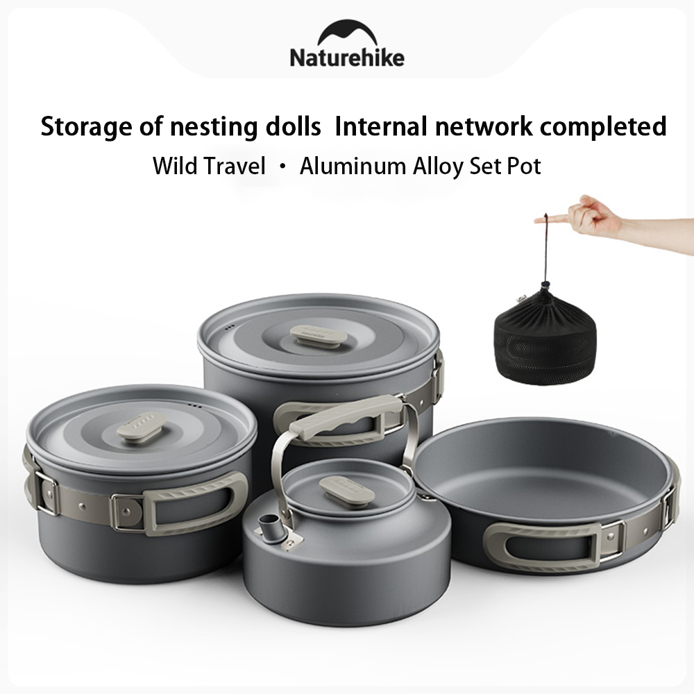 Camping Outdoor Cooking Equipment - Naturehike アウトドアポットセット、キャンプ調理器具、ポータブルステンレス鋼フライパンハンギングポット、ハイキングピクニック食器
