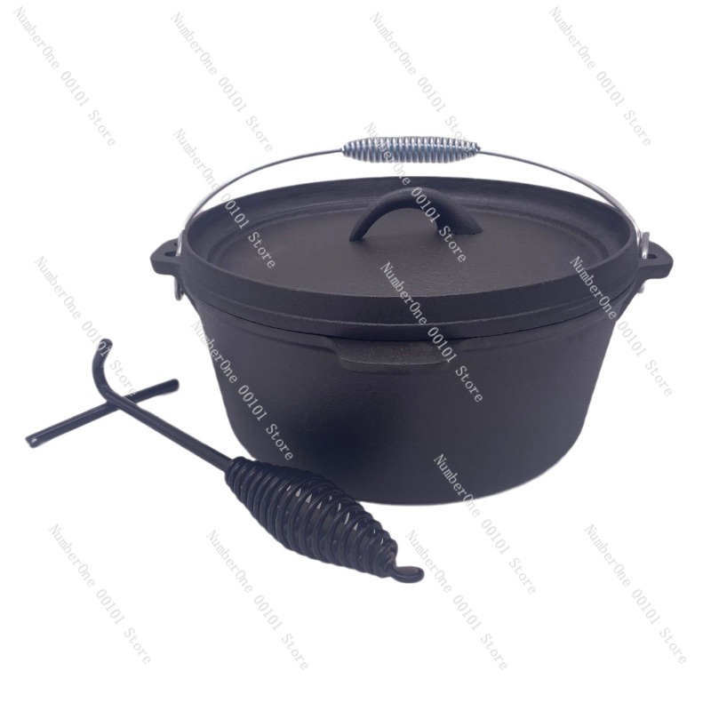 Camp Dutch Oven Cast - 頑丈な鋳鉄製ダッチオーブン 25cm キャンプ用シチューポット 厚底吊り下げ式大鍋 平底スープクッカー ハンドルフック付き