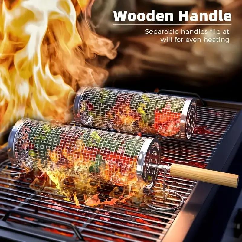 食品グレードのステンレス製丸型回転BBQグリルバスケットセッ - Camping With Cooking のレビューと価格