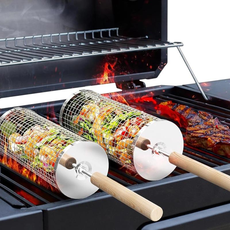 食品グレードのステンレス製丸型回転BBQグリルバスケットセッ - Camping With Cooking のレビューと価格