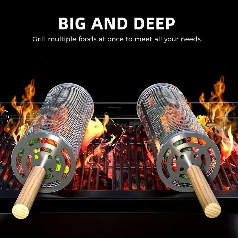 食品グレードのステンレス製丸型回転BBQグリルバスケットセッ - Camping With Cooking のレビューと価格
