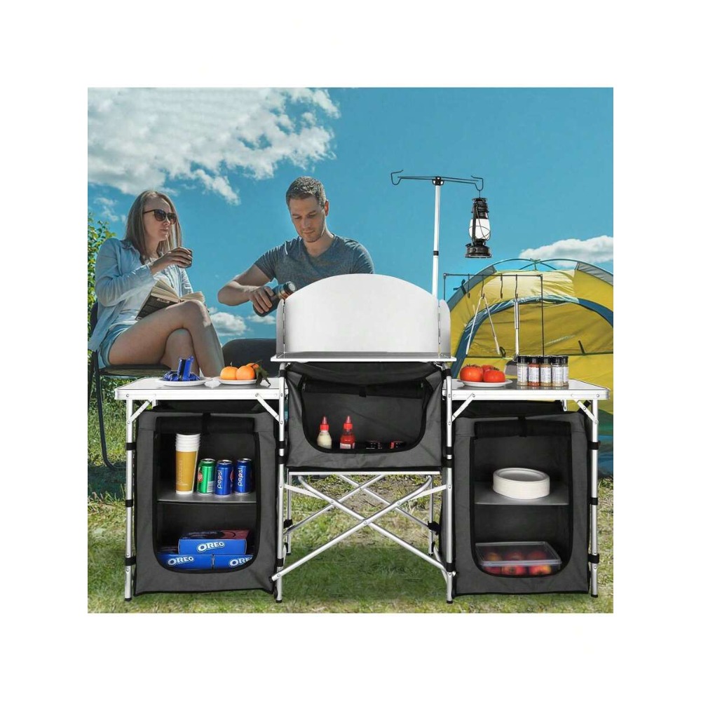 折りたたみ式キャンプキッチンテーブル、3つの収納棚と取り外し - Camping Cooking Must Haves のレビューと価格