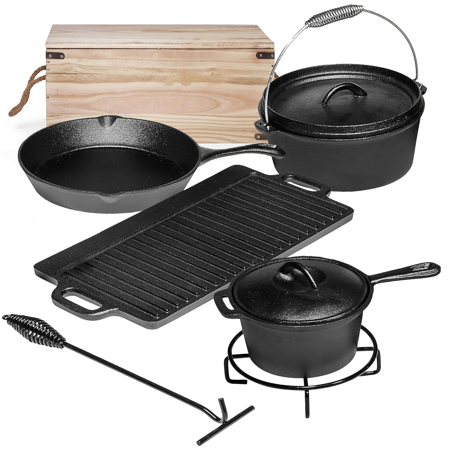 キャンプ用調理器具7点セット。 プレシーズン加工済みの鋳鉄製 - Camp Dutch Oven Cast のレビューと価格