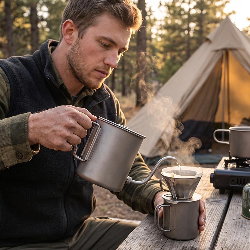 420ml純チタン製キャンプ用コーヒーケトル、グースネック式 - Camping Cooking Set Lightweight のレビューと価格